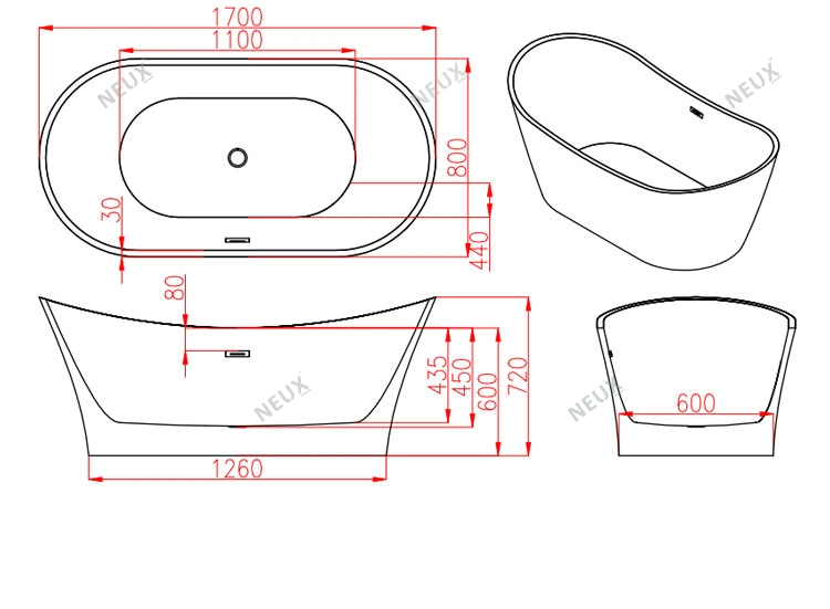 High Quality Seamless Bathroom Acrylic Bath Tub (LT-722)